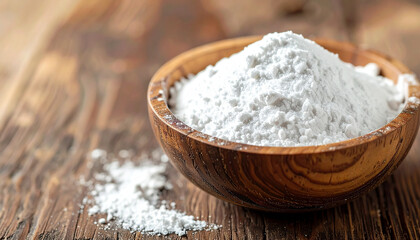 Fine white zinc oxide powder in small wooden bowl, healthcare and medical supplement