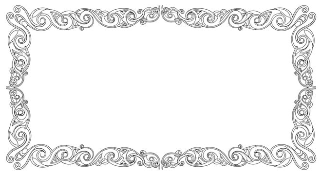 Decorative ornate rectangular border with swirling floral motifs on a white background.