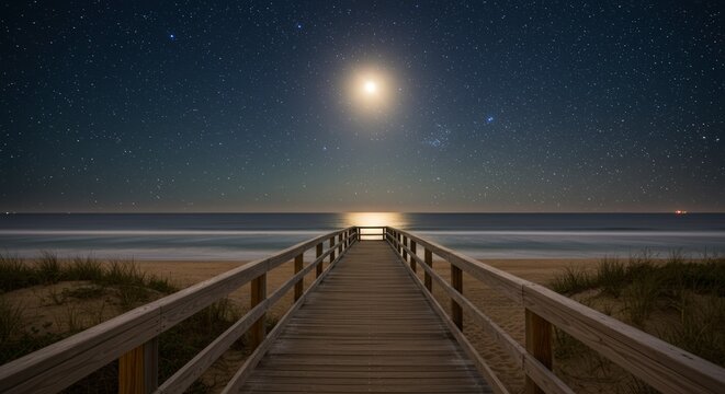 Wooden boardwalk leading to a calm sea under a bright full moon and starry night sky - Powered by Adobe