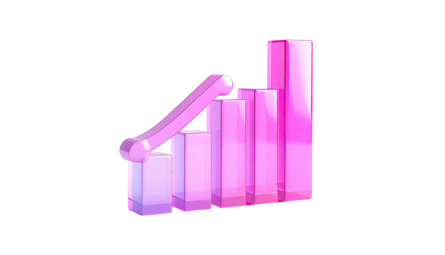 3D pink bar chart showing upward progress on black background, with curved accent