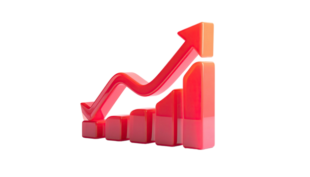 Glossy red bar chart showing an upward trend, with an arrow, against black