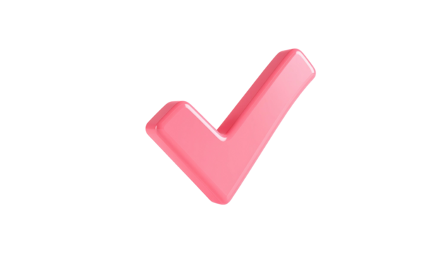 A glossy pink checkmark floats on a black background, slightly angled