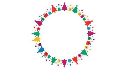A festive circular border decorated with colorful Christmas trees and gifts.