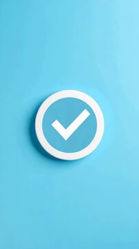 Simple light blue confirmation circle badge with white check mark on plain vibrant background, signifying approval, validity and successful completion
