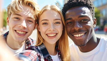 Obraz premium Diverse Trio's Radiant Smiles: Capturing Joyful Friendship in a Sunny Selfie