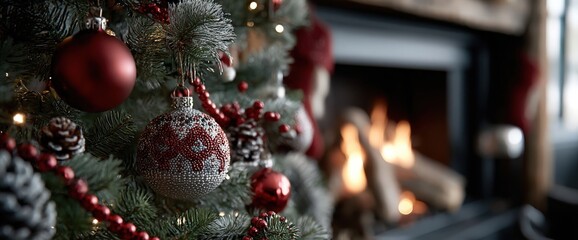 A Christmas tree is on a wooden table by a fireplace