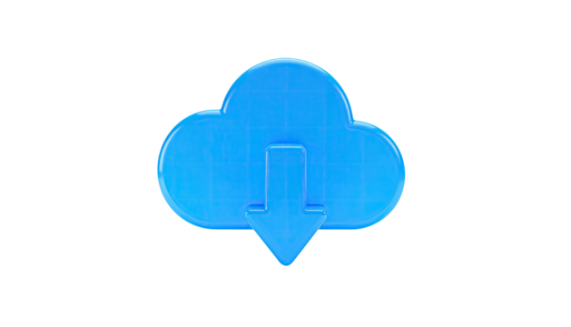 Glossy, light blue cloud icon with a downward arrow, set against a stark black backdrop