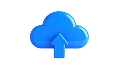 Glossy blue cloud icon with upward arrow, representing data upload on black