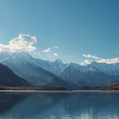Mountain lake and blue sky. Background Image. Minimalist backdrop. Template design 