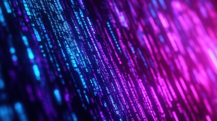 Futuristic cyberpunk digital matrix code streams in vibrant blue and purple hues, flowing data streams