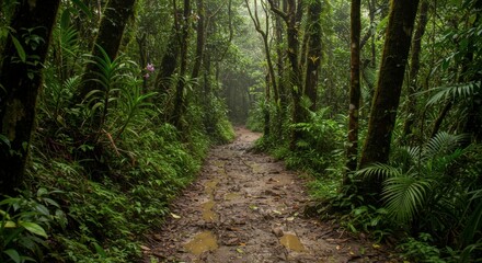 Fototapeta premium A forest trail through dense vegetation with sunlight filtering through trees in natural environment