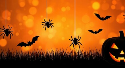 Eerie Halloween Night Silhouette with Jack-o'-Lantern, Bats, and Spiders Against a Spooky Orange Bokeh Background