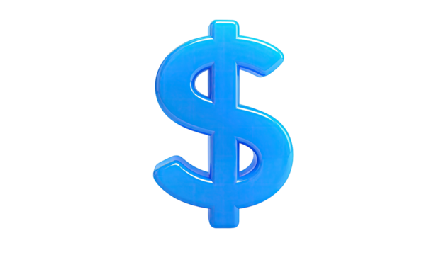 A glossy, 3D light blue dollar sign floats against a solid black backdrop - Powered by Adobe