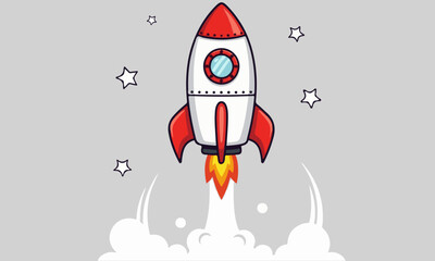 Retro Cartoon Rocket Launching into Sky with Stars