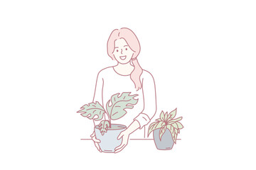 Gardening and house plants concept. Young smiling girl cartoon character standing holding green plants blooming in pots vector illustration