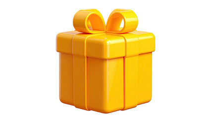 Shiny, yellow, 3D gift box with a bow, set against a black background