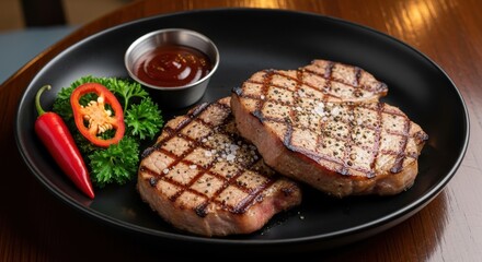 Exquisite grilled steaks served with vibrant garnish and tangy dipping sauce