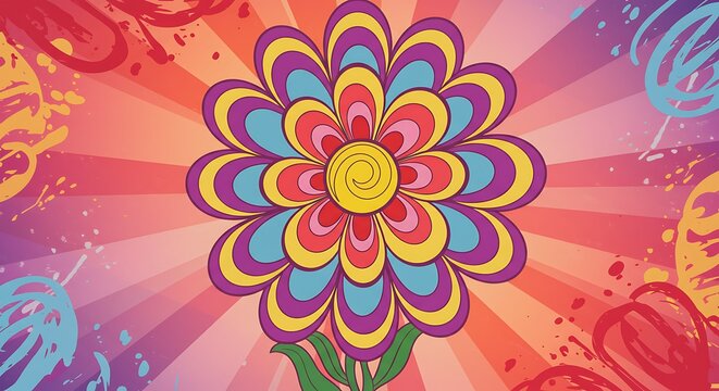 Vibrant psychedelic flower illustration on a colorful textured background
