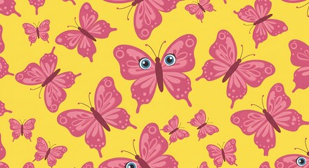 Whimsical illustration of pink butterflies on a sunny yellow background