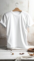 Hanging White T Shirt Mockup Against Textured Wall and Wooden Surface Simple Display Front View Minimalist Composition Neutral Color Palette
