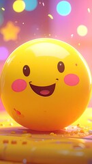 Happy Yellow Emoji Ball with Pink Cheeks and Bokeh Background