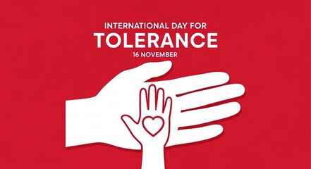 Obraz premium International Day for Tolerance illustration with hands and heart symbol on red background.