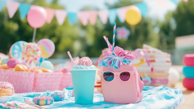 A delightful outdoor celebration spread with pastel treats and festive decorations, showcasing whimsical summer gathering
