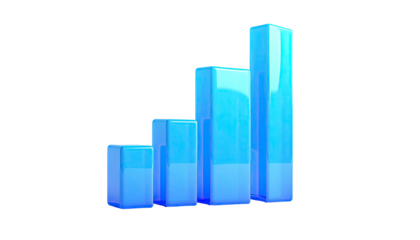 Four ascending, glossy blue bar graph columns against a stark black background