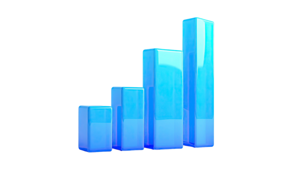 Four ascending, glossy blue bar graph columns against a stark black background - Powered by Adobe