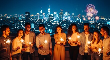 Friends celebrating with sparklers and fireworks over New York City skyline at night
