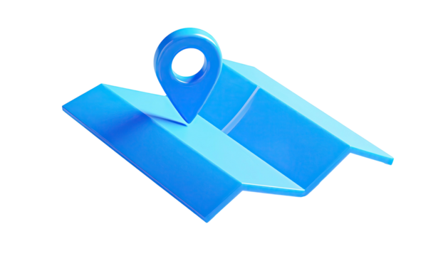 A bright blue 3D rendering of a map with a location pin, isolated on black