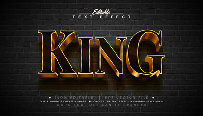 King 3D Editable Text Effect Design Vector Graphic Style with Golden Framed Typography Lettering and Shadow on Vintage Brick Wall Background. Premium Scalable Gold Texture Luxury Illustration Template