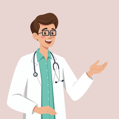 Fototapeta premium Illustration of a smiling male doctor wearing a white coat and stethoscope, gesturing with one hand as if explaining or giving advice. Ideal for healthcare and medical themes.