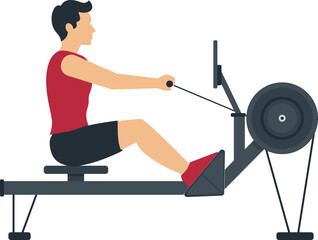 Illustration of a man in sportswear using an indoor rowing machine. The fitness activity highlights strength, endurance, and full body training in a gym or home workout environment.