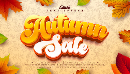 Autumn Sale Text Effect Design Editable and Scalable Vector Graphic Style with Shadow and Falling Leaves on Hand Drawn Doodle Background. Autumnal Shopping Day Typography Lettering Illustration
