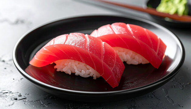 Two pieces of fresh Tuna Nigiri (Maguro) with deep red slices of fish over rice, served on a black plate. A classic Japanese sushi dish.