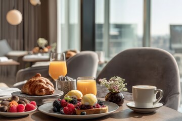 Delicious breakfast with poached eggs, croissant, and cappuccino
