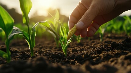Fingers gently pressing corn seed into fertile sunlit garden soil