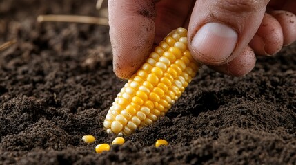 Fingers gently pressing corn seed into fertile sunlit garden soil