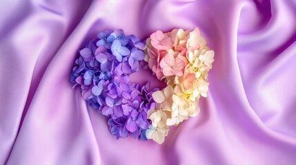 Flat lay of pastel hydrangea blossoms forming a heart shape on soft fabric background