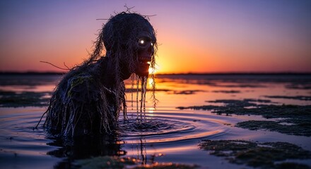 Eerie swamp monster rising from the water at sunset. Perfect for horror, Halloween designs, spooky events, gothic themes, dark fantasy, or mystery concepts.