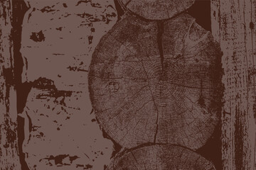 Detailed illustration of brown rustic wooden log wall with visible growth rings and weathered surface. High contrast texture design ideal for backgrounds, patterns, or natural wood-themed graphic proj