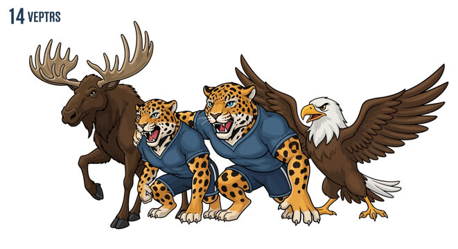 Mascot mashup a humorous depiction of an eagle moose and jaguar team ready for competition