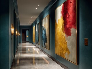 Elegant Dark Teal Hotel Hallway with Modern Art