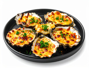 A plate of fresh oysters baked with a golden, melted cheese topping, garnished with parsley. A rich and savory seafood appetizer.