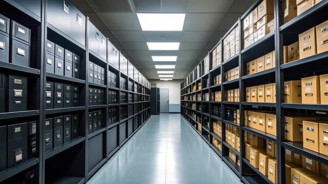 Long interior view of a record storage facility with files and boxes on shelving units illuminated by overhead lights