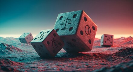 Textured dice with symbols of balance, finance and zero waste casting a financial fate on the landscape.