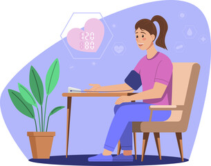 Illustration of a woman sitting on a chair, smiling while checking her blood pressure with an automatic monitor. Includes health icons and heart rate display in a modern interior setting.