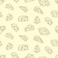 Seamless cheese pattern with holes. Background of dairy products. Vector illustration hand drawn sketch.
