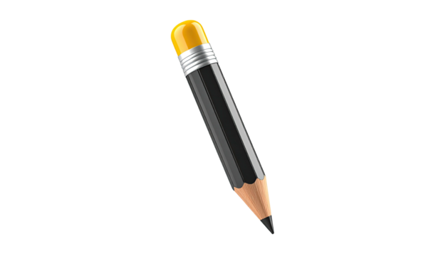 Angled, realistic pencil with black body, orange eraser, and lead on black background